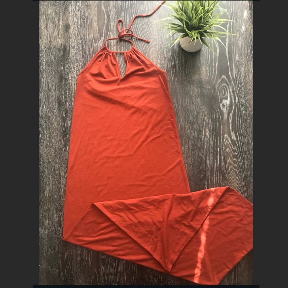 LONG RUST HALTER MAXI DRESS
